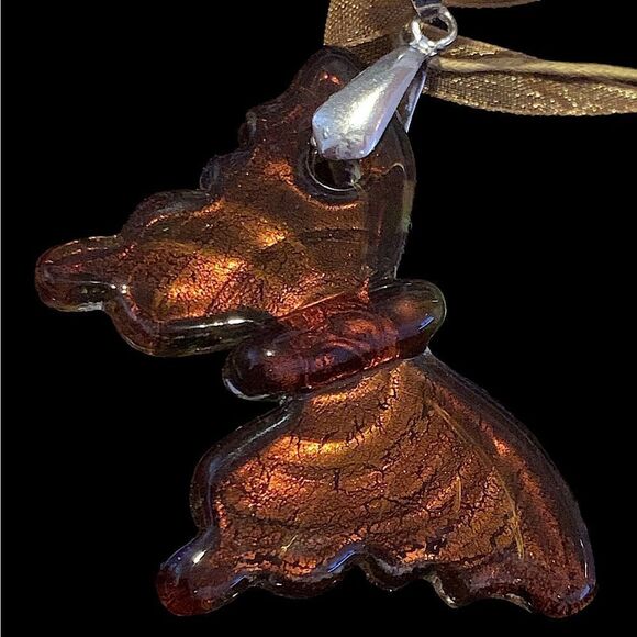 Iridescent glass butterfly pendant necklace pink blue green metallic cords - Picture 3 of 6